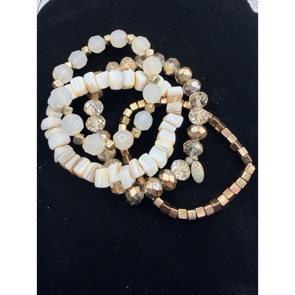 4-Piece Neutral Colored Beaded Stretch Bracelet Set Stacks Layered‎ Gold Tone